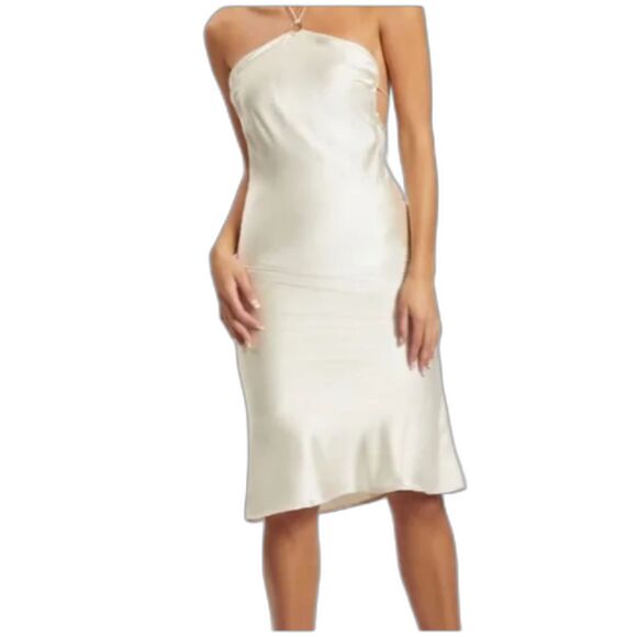 NWT MESHKI Ivana Ivory Sand Satin Halter Slinky Backless Mini Dress Tieback M - Picture 2 of 12